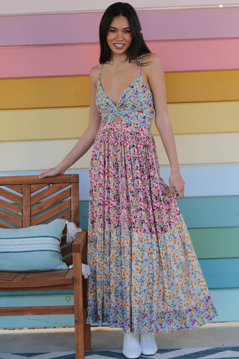 Blue green F4F50-A814 V NECK TWIST FRONT CUT OUT MAXI DRESS