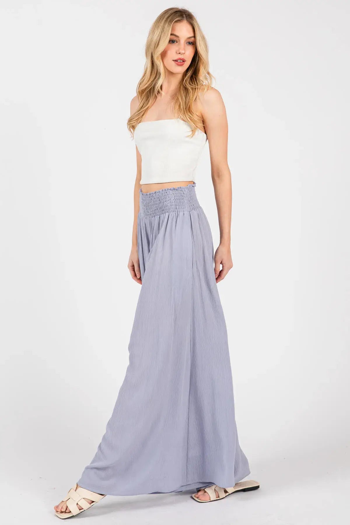 Smocked Waist Wide Leg Pants - NP16530Y: Military Green