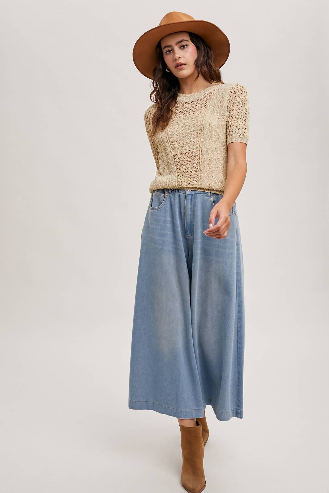 DENIM WIDE LEG CROP JEANS: LT.WASH / B02227