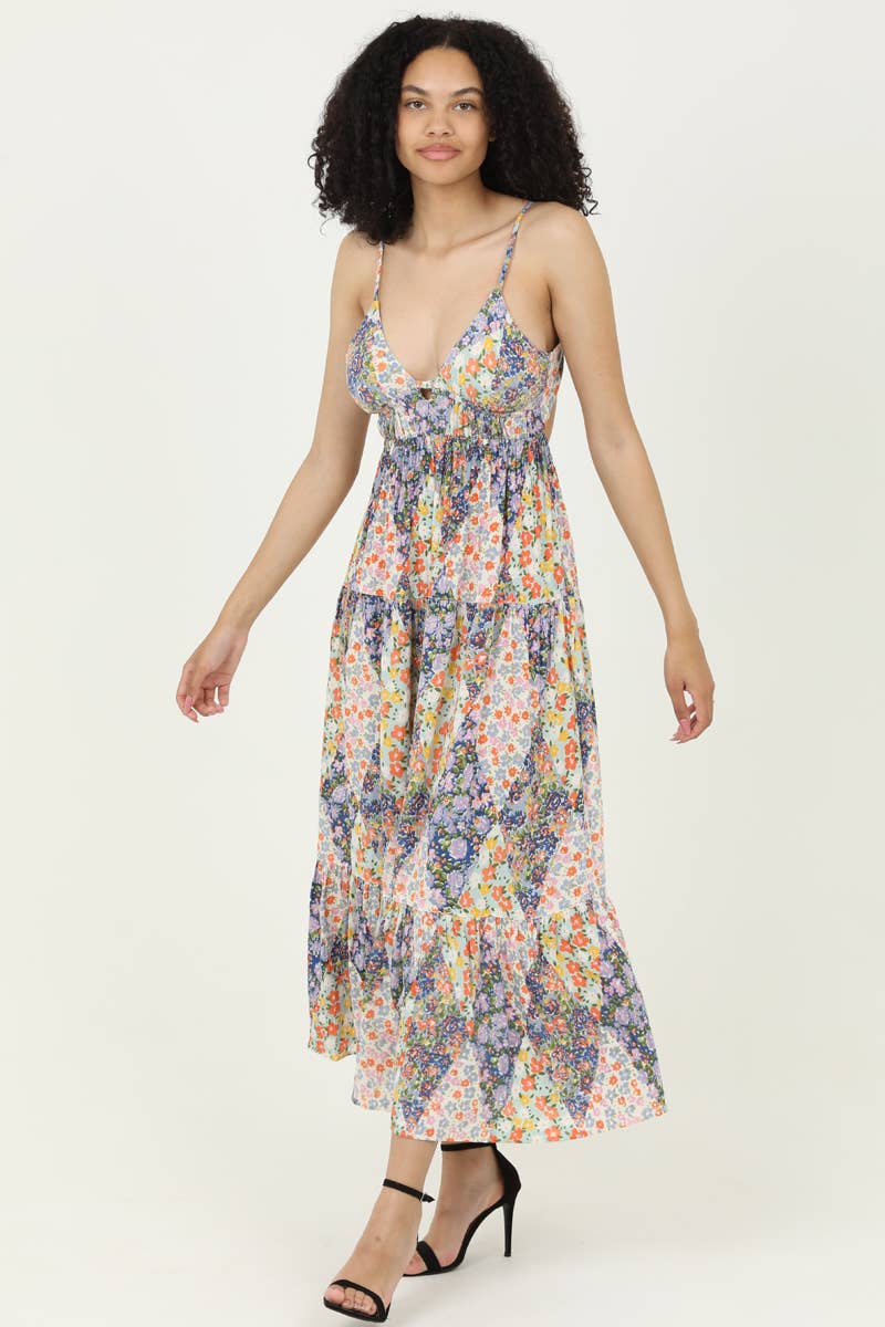 F4F72-FQ85 V NECK OPEN TIE BACK MAXI DRESS