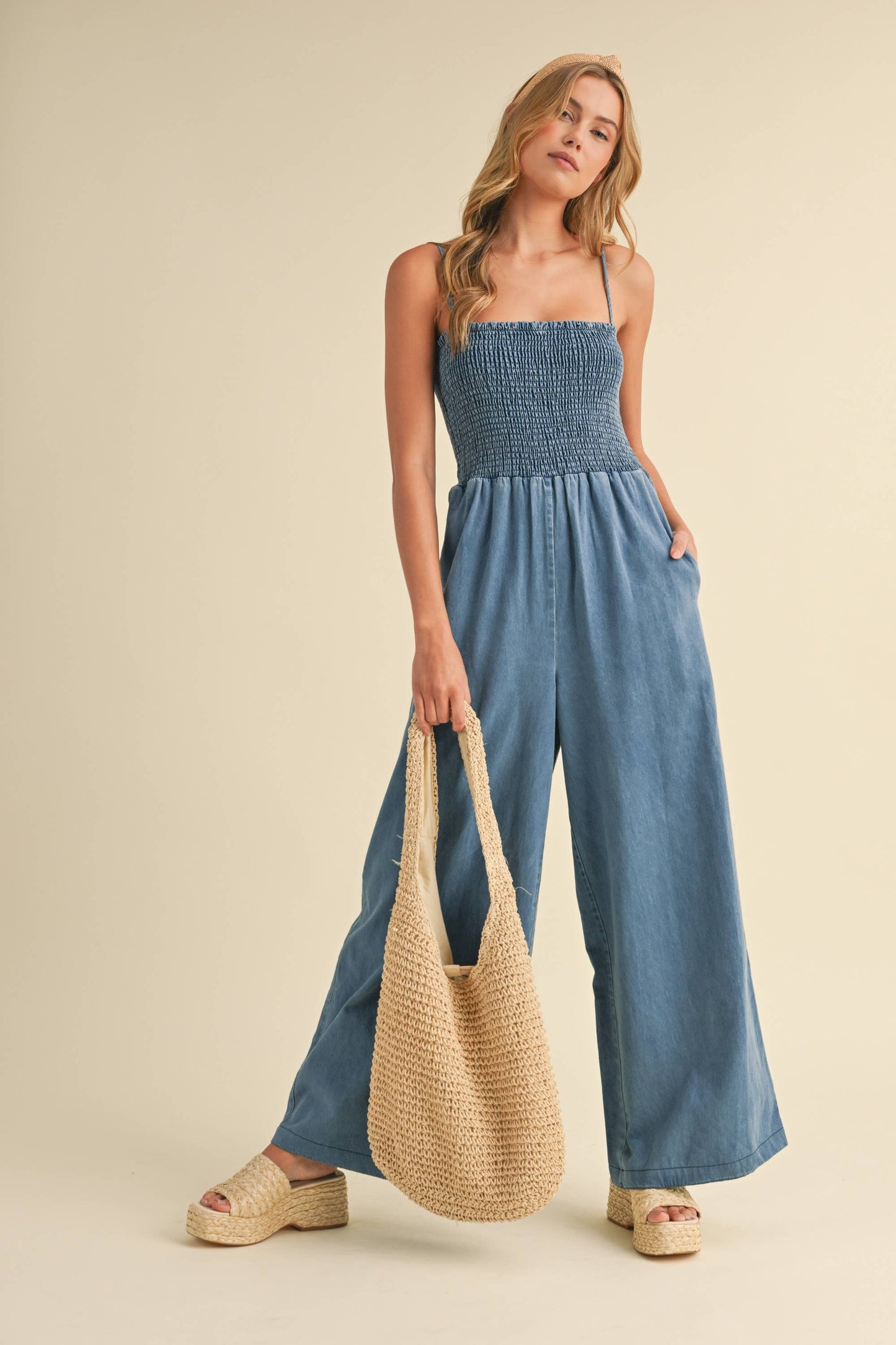 IJP3036 SMOCKED SPAGHETTI STRAP WIDE LEG JUMPSUIT : DENIM