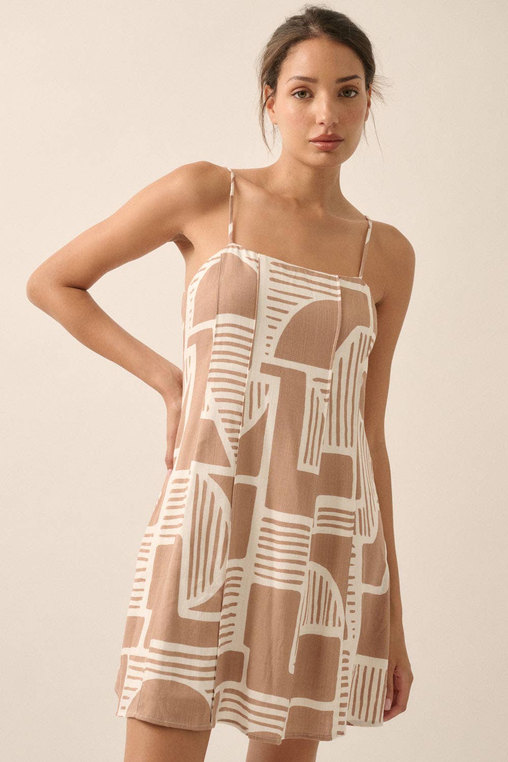 Abstract-Print A-Line Cami Mini Dress: BLACK / UDC0457C