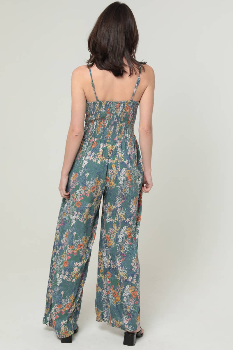 B5A42-A625 FLORAL PRINT V NECK TWIST FRONT JUMPSUIT WITH POC