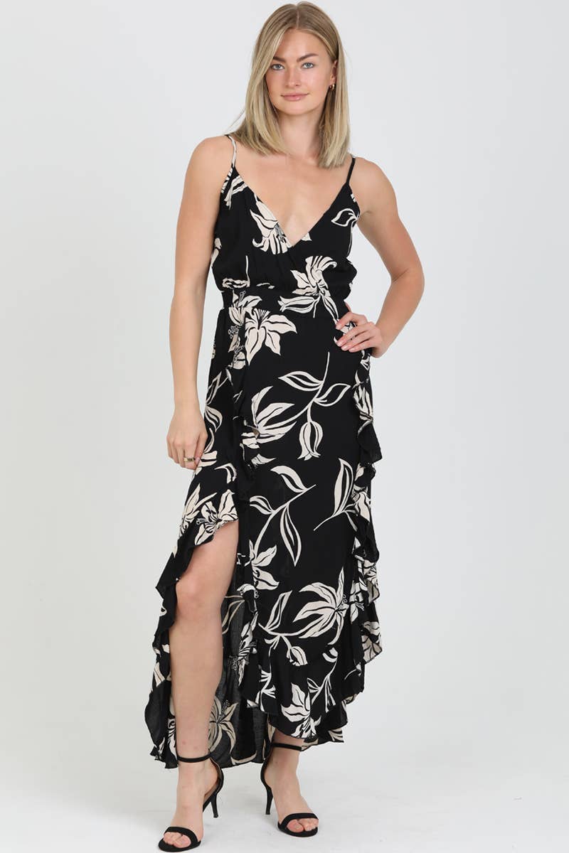 C4684-W921 V NECK RUFFLED DOUBLE SLIT MAXI DRESS