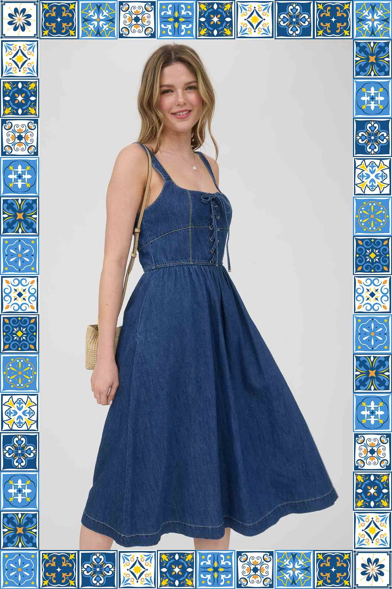 LACE UP SLEEVELESS DENIM MIDI DRESS : B5SD1017