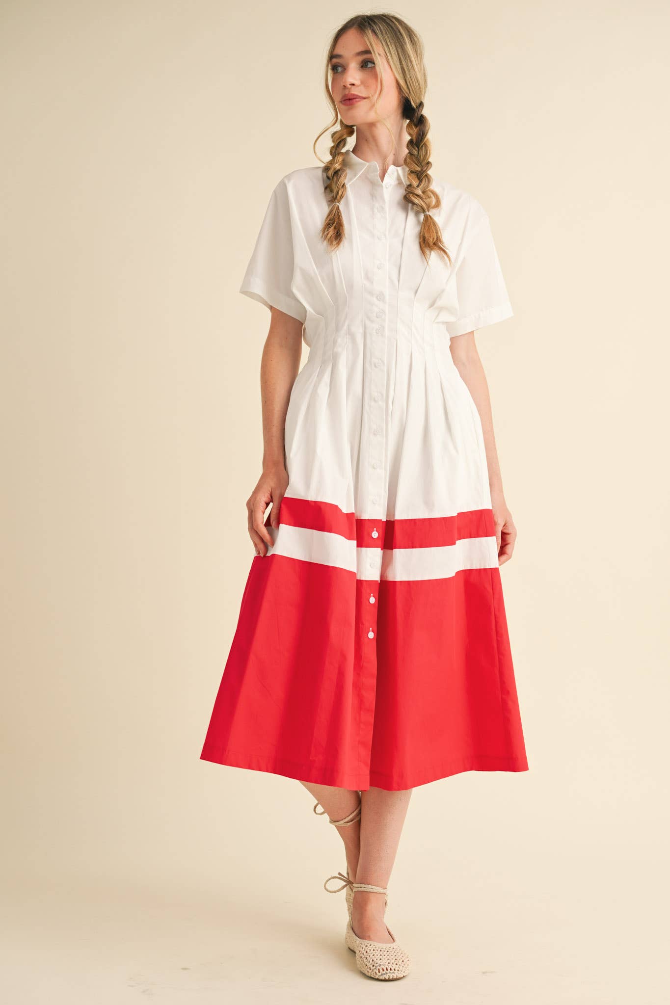 BUTTON DOWN PLEATED WAIST COLOR BLOCK MIDI DRESS MDR3556