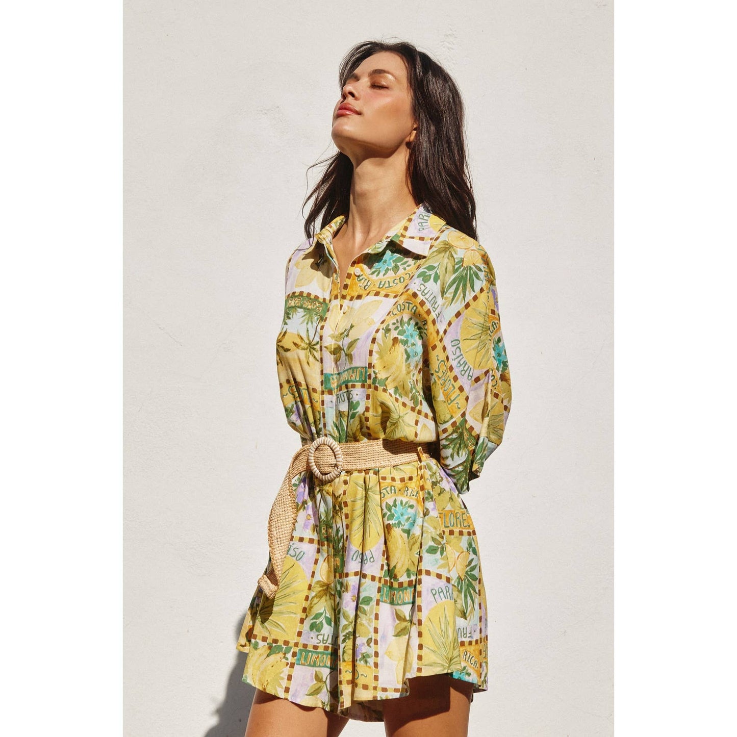 Isla Palma Button Up Rattan Belt Romper: TROPICAL SUN / FR10843-P1978