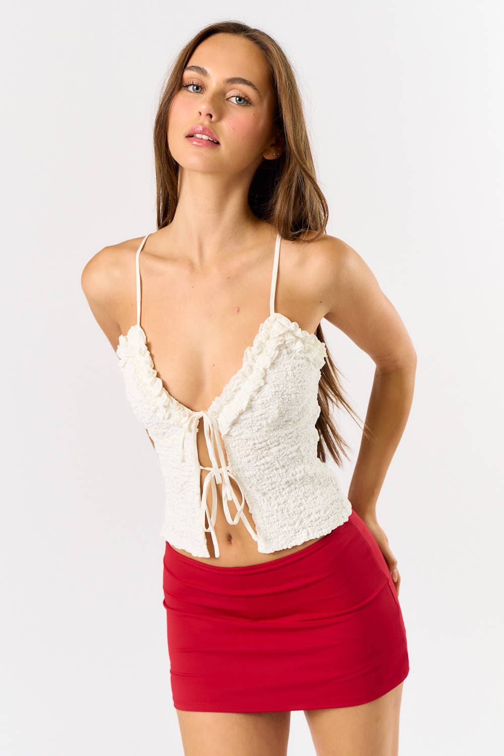 IBT32203 TEXTURED TIE FRONT TANK TOP: Black