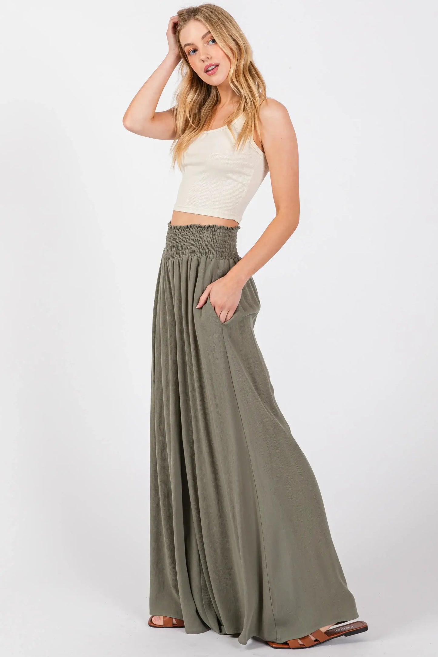 Smocked Waist Wide Leg Pants - NP16530Y: Military Green