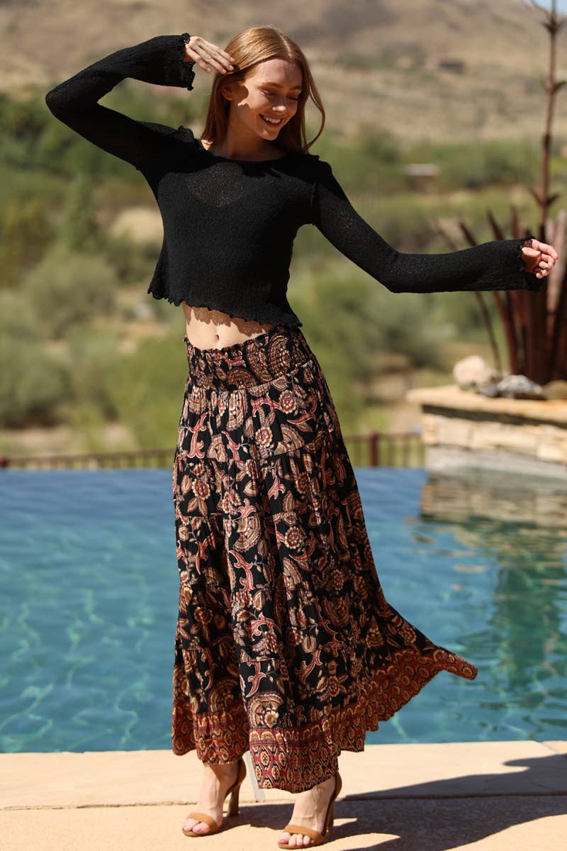 26P57-A889 TIERED PRINTED A LINE MAXI SKIRT