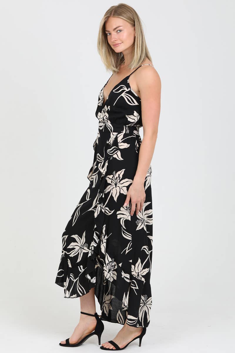 C4684-W921 V NECK RUFFLED DOUBLE SLIT MAXI DRESS