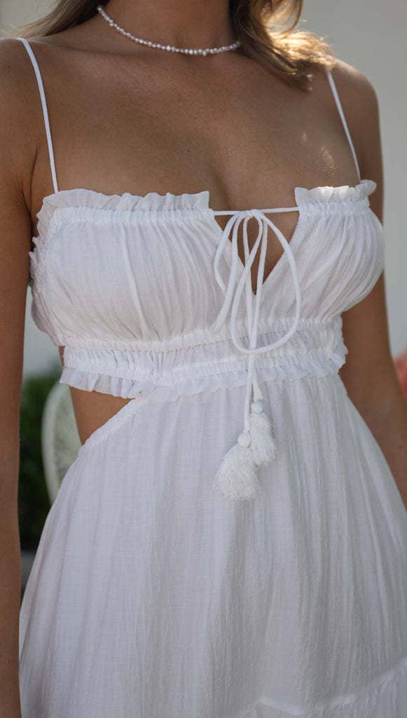 Solid bandeau strap backless swing maxi tiered dress: Blue / RCJY00340-Blue