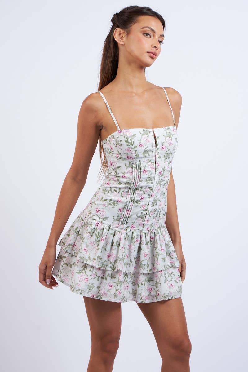 MINT-PINK FLORAL HOOK&EYES LAYERED MINI DRESS: Mint Pink Floral / SM-D20748E