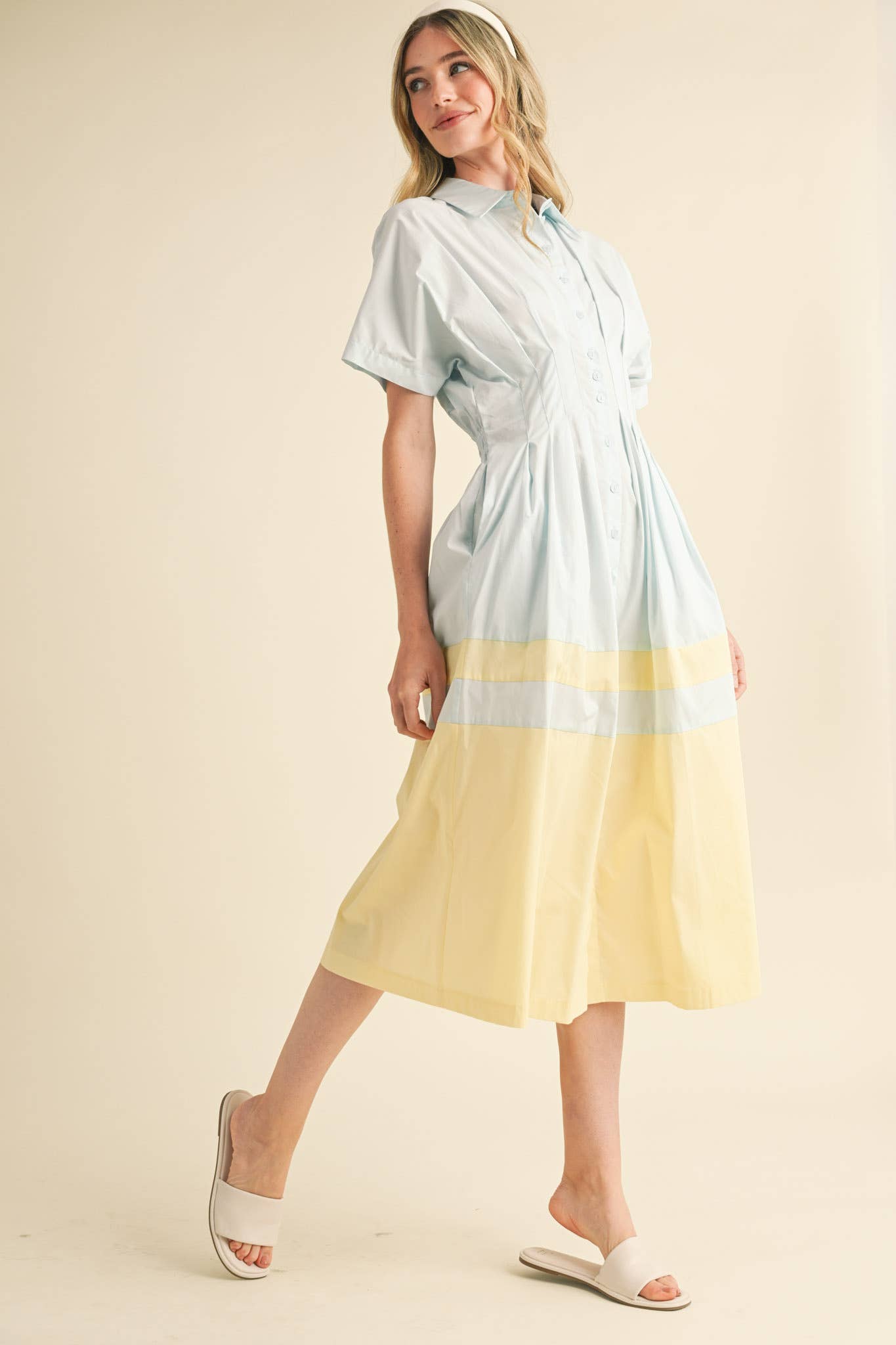 BUTTON DOWN PLEATED WAIST COLOR BLOCK MIDI DRESS MDR3556