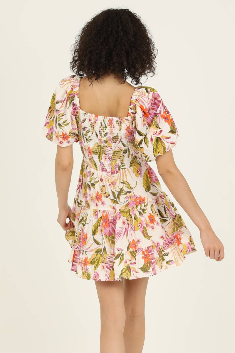 C4B91-A878 V NECK TWIST FRONT PUFF SLEEVE CUT OUT DRESS