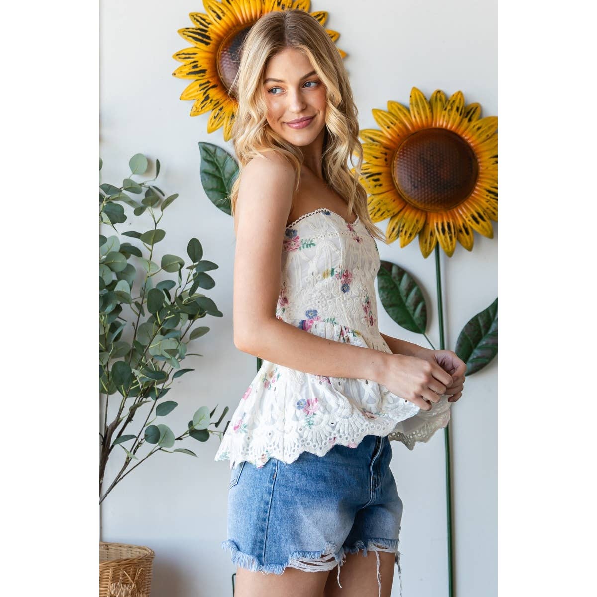 Flower Printed Lace Tube Top: Blue Combo / VT71968-B1