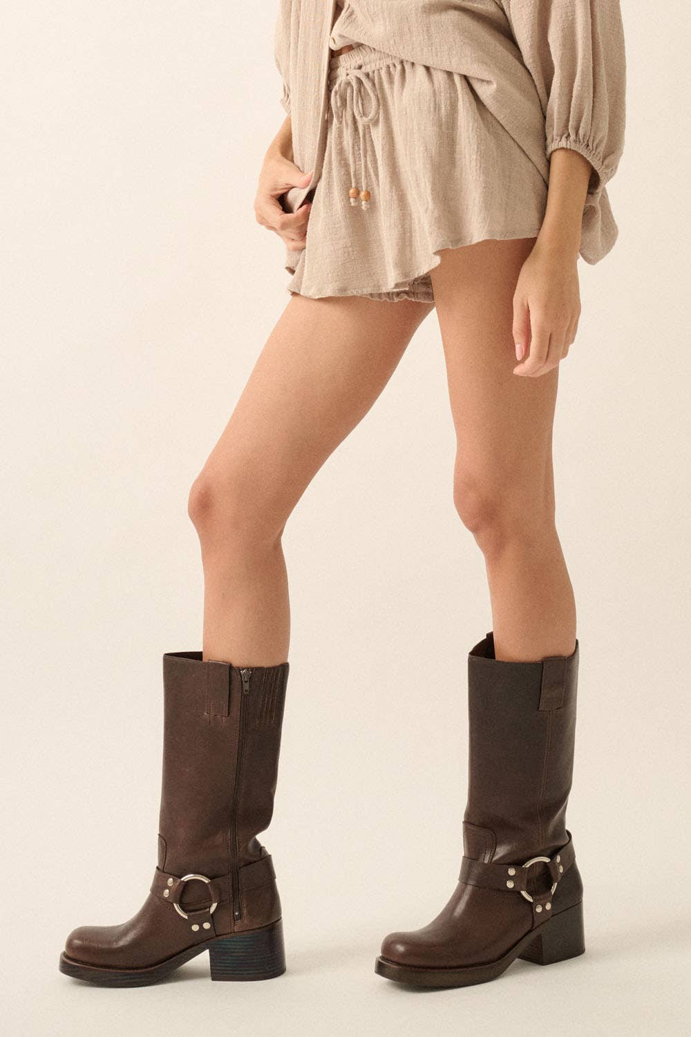 Textured Cotton Drawstring Bloomer Skort: STONE / UPB0419
