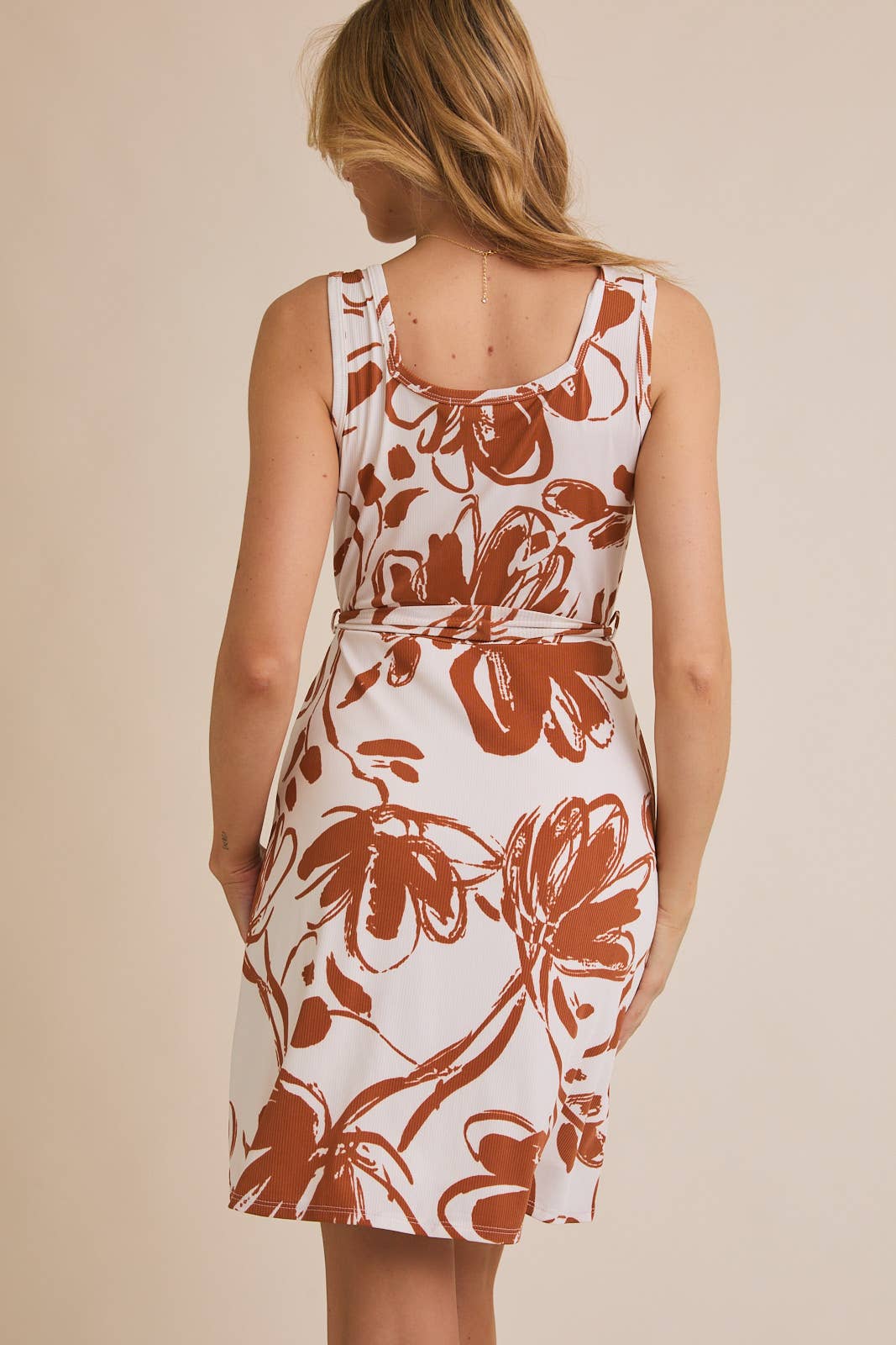 SQUARE NECK SLEEVE STRAP TIE FLORAL DRESS: TERRACOTTA FLORAL / D20091-1