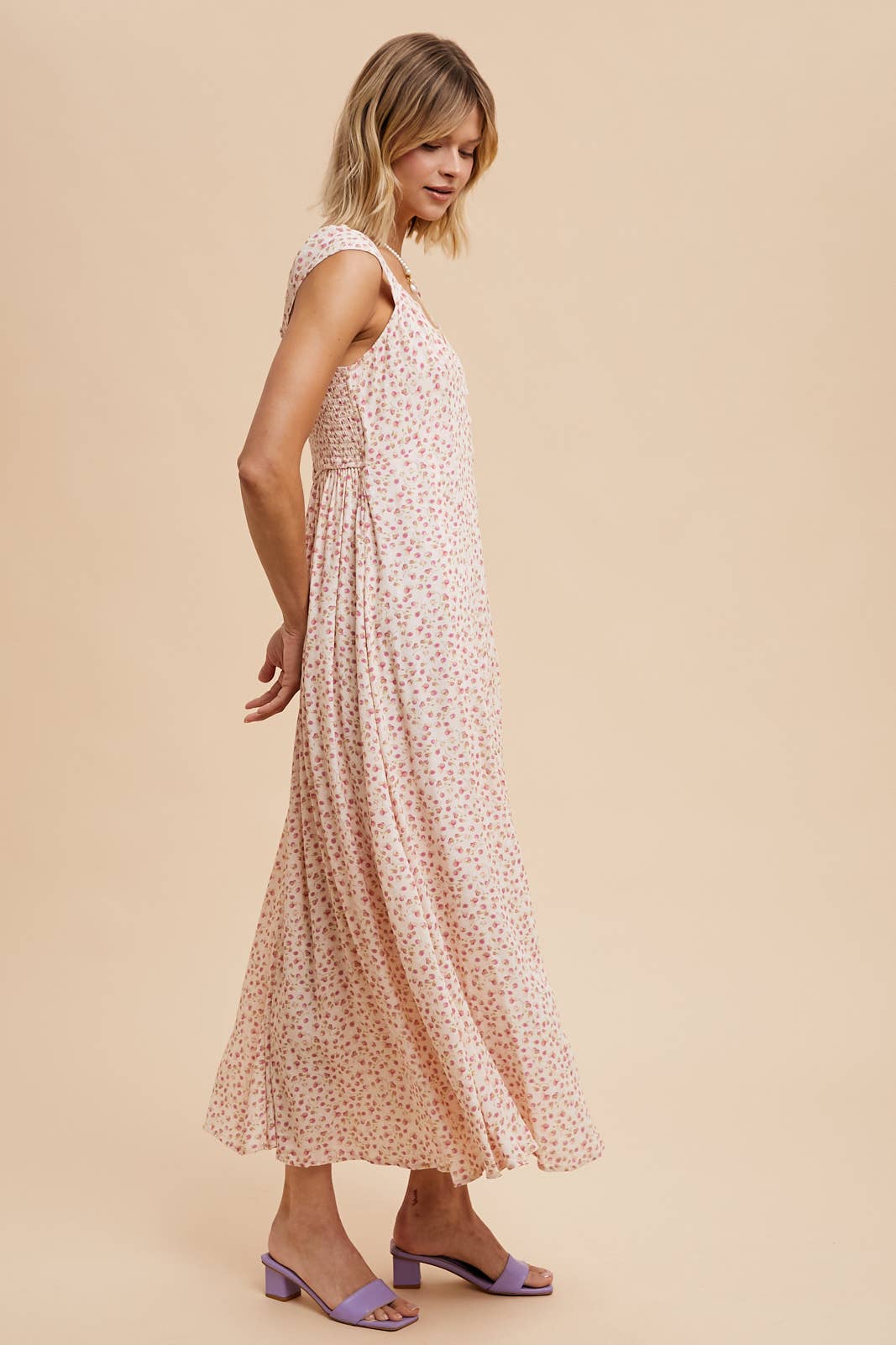VISCOSE BUTTON DOWN FLORAL DRESS: LAVENDER / ILD5692