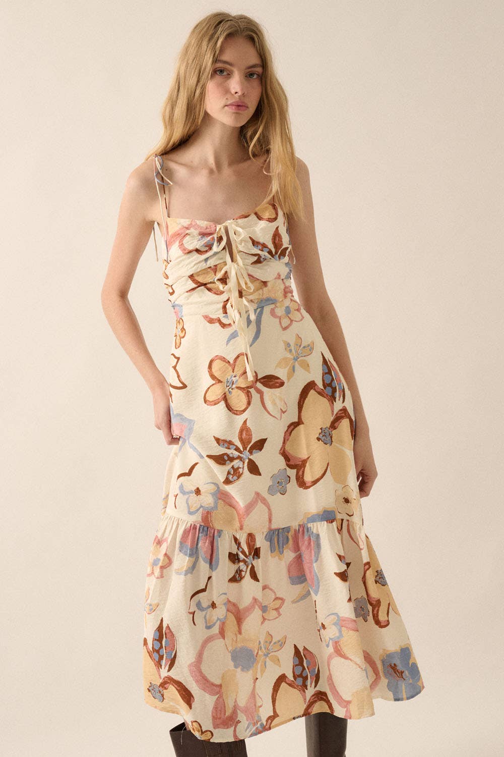 Textured Floral-Print Tie-Front Ruffle Midi Dress: CREAM / NDC2208C