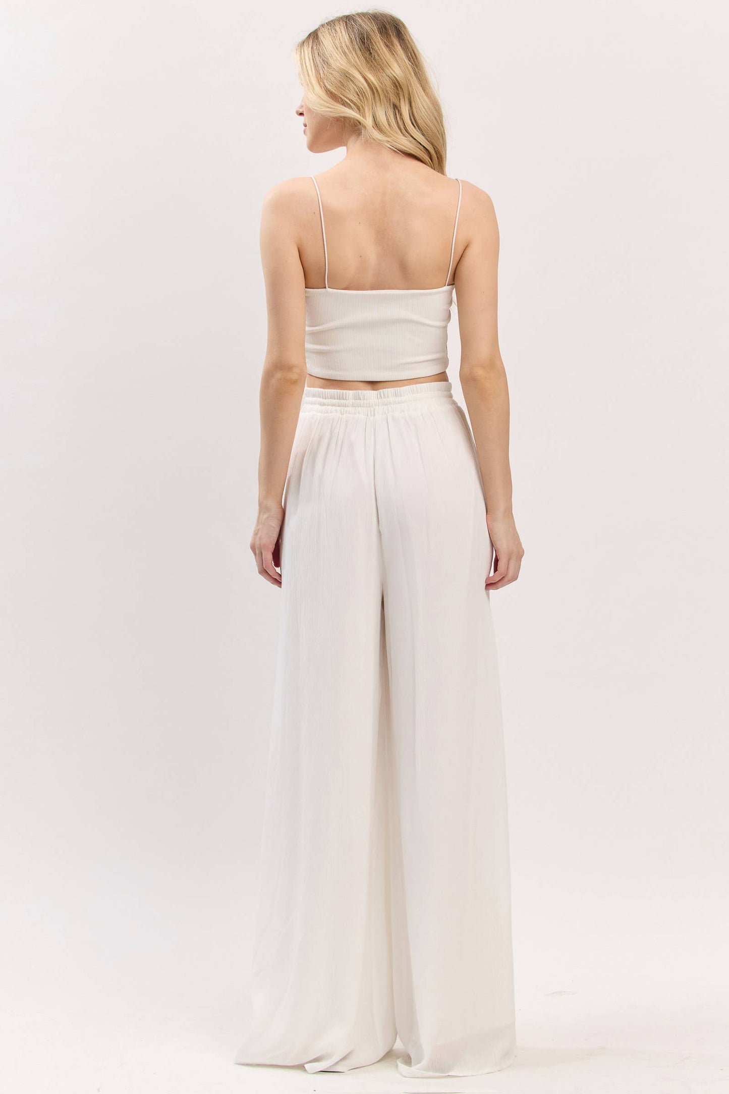 Solid Elastic Waistband Wide Leg Pants - VP3973: Ivory
