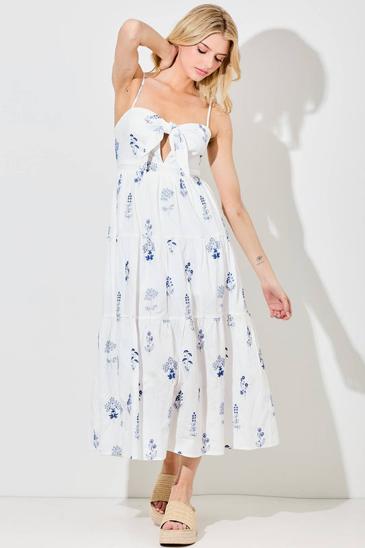 BLUE FLORAL TIE FRONT DRESS: IVORY BLUE / BD5678-B