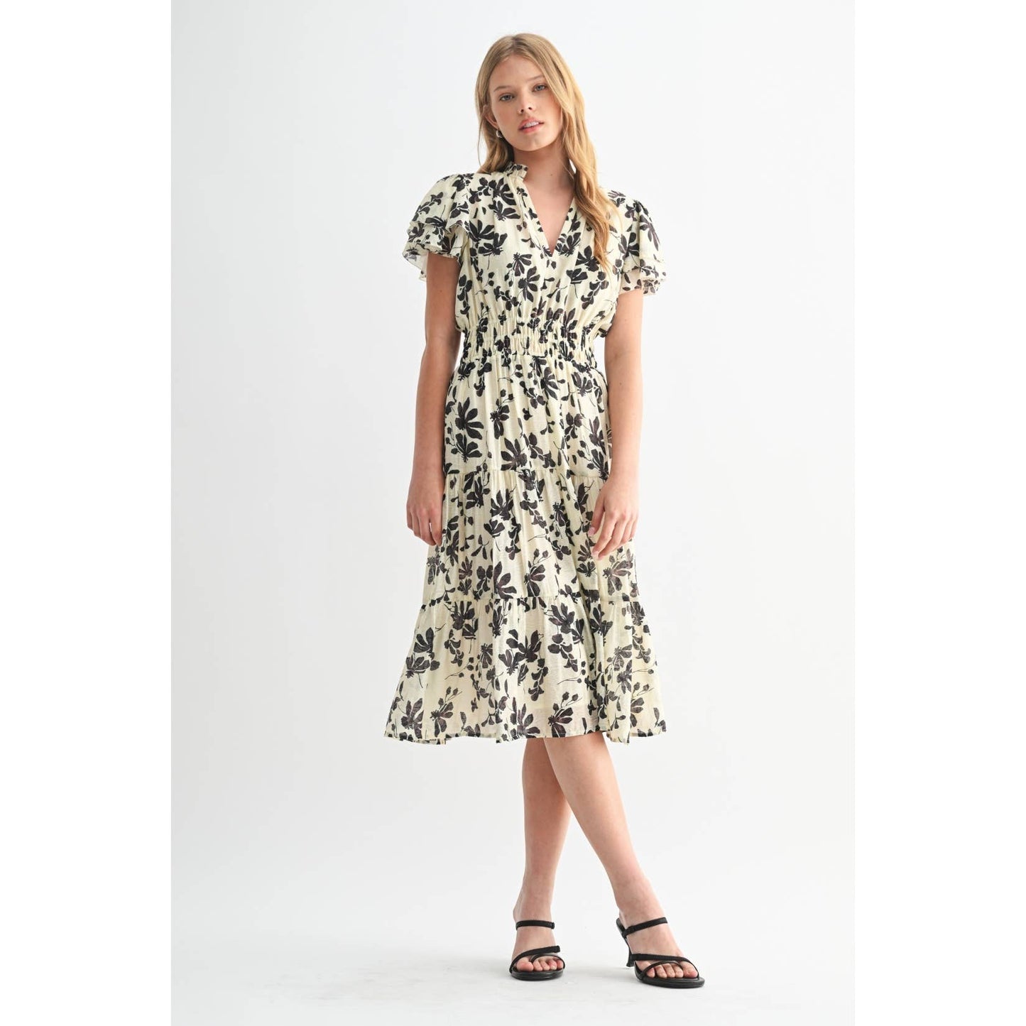 FLOWER PRINT RUFFLE SLEEVE MIDI DRESS: Ivory / FD68025