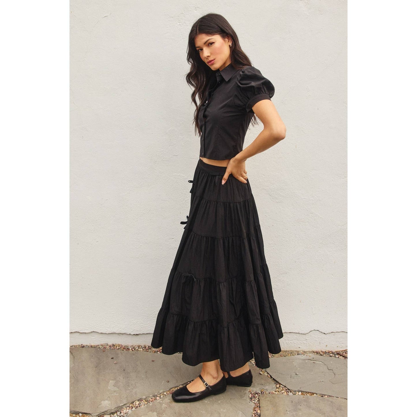 Polka Bow Tie Tiered Skirt: BLACK / FS12417-CP444