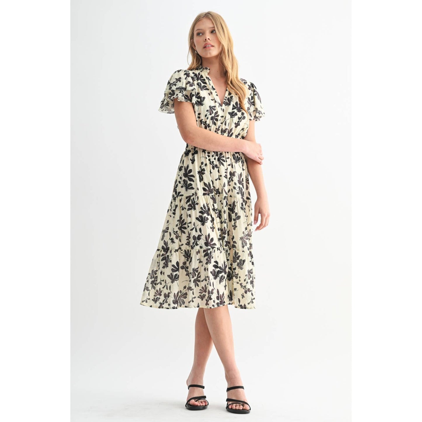 FLOWER PRINT RUFFLE SLEEVE MIDI DRESS: Ivory / FD68025