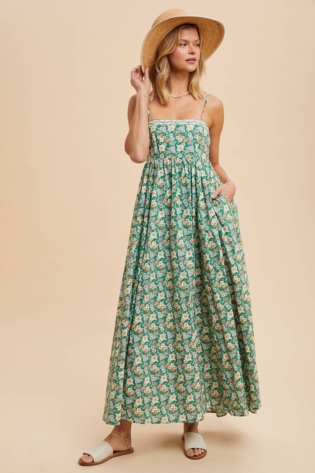 EMBROIDERED COTTON PRINT MAXI DRESS: GREEN FLORAL / ILD5705