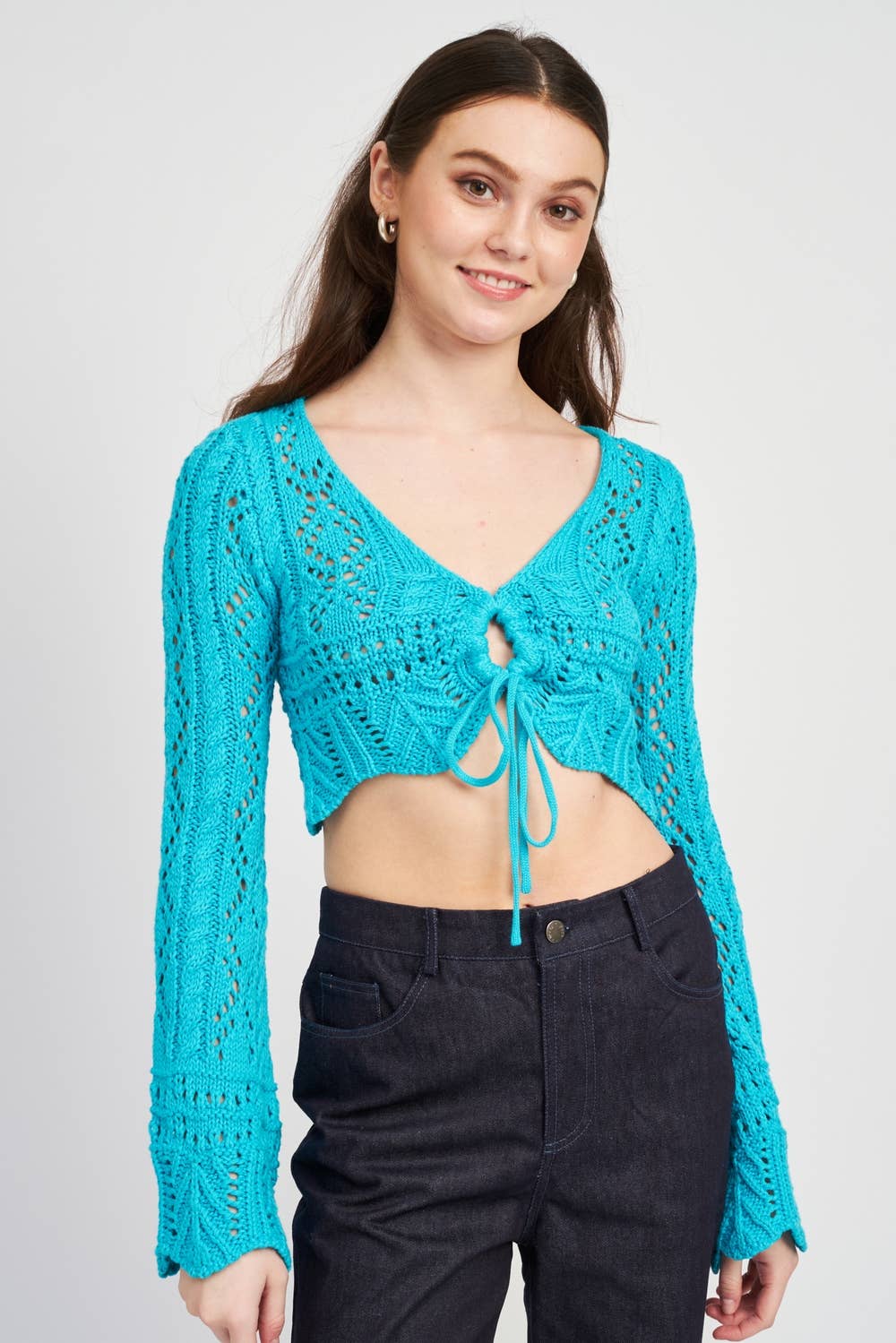 CROCHET CROPPED TOP WITH FRONT TIE: TAUPE