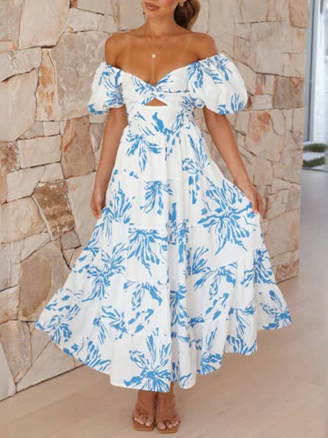 Puff off the shoulder twist floral prairie maxi dress: Yellow / RCJY00262-Yellow