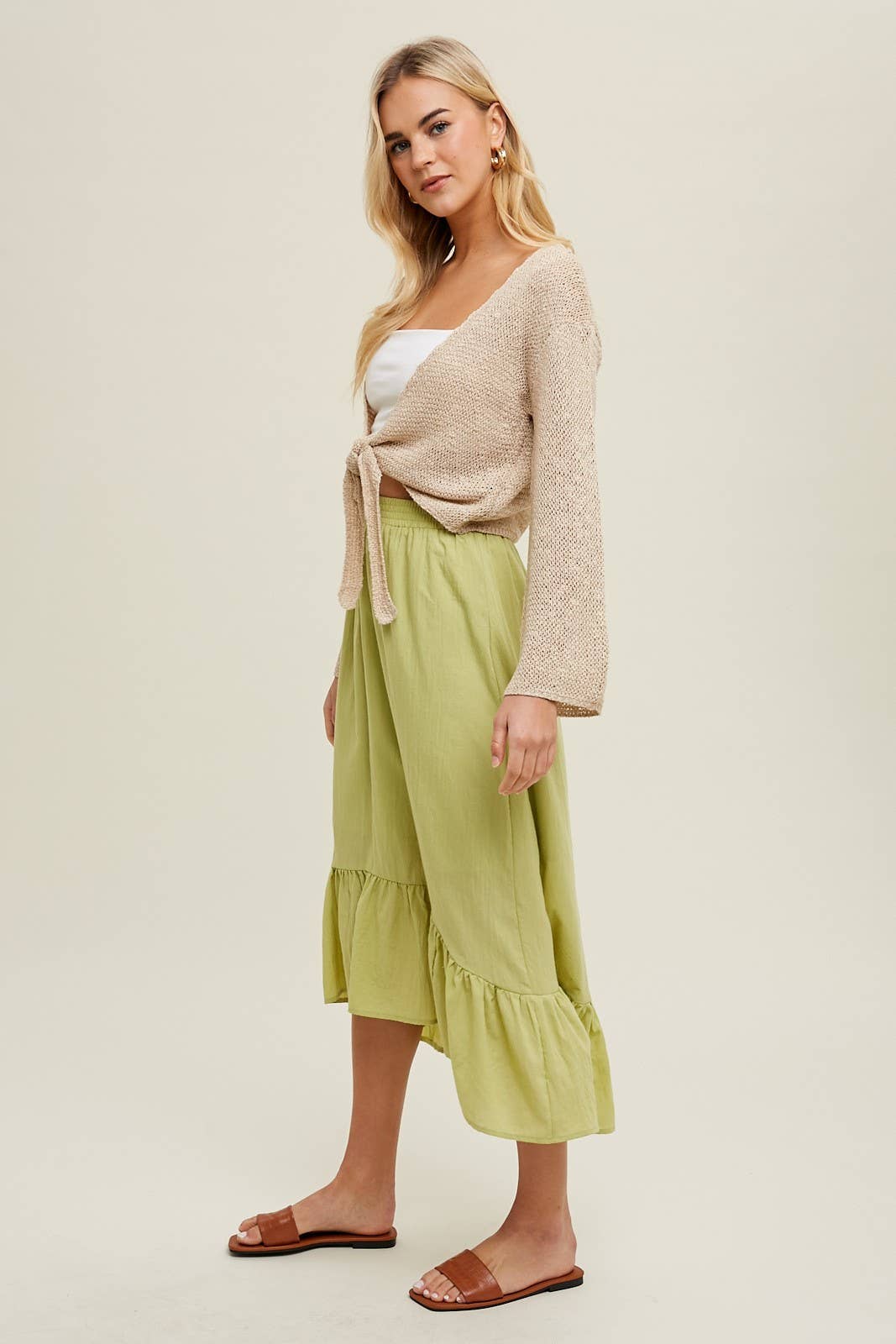 OPEN KNIT SWEATER SELF-TIE CARDIGAN / WL24-8627: TAUPE