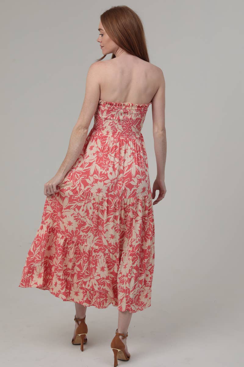 C4E68-FR34 SMOCKED BUST STRAPLESS FLORAL PRINT MIDI DRESS