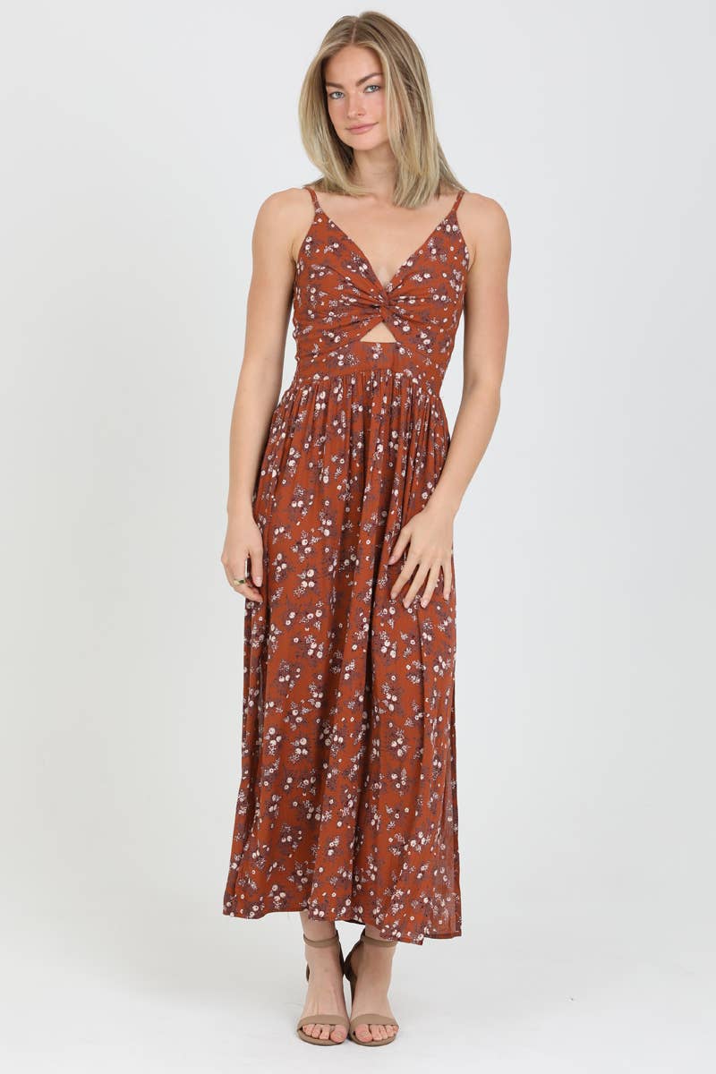 F4B48-WA40 V NECK TWIST FRONT CUT OUT MAXI DRESS