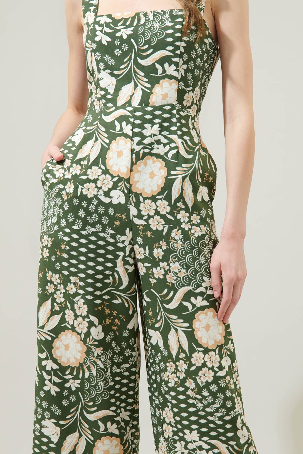 Fernwood Floral Sweet Stuff Wide Leg Jumpsuit: Olive Green