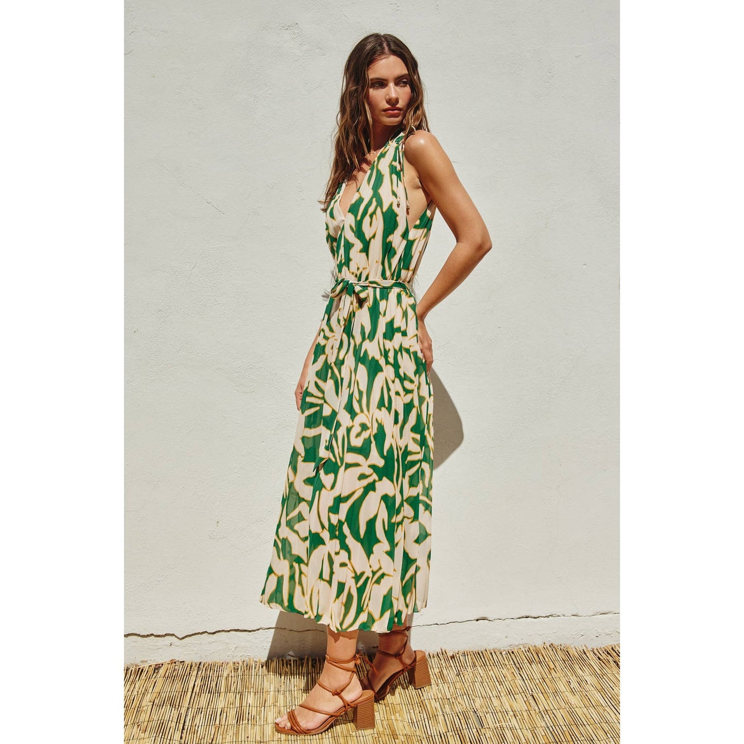 All The Time Plunging Satin Pleated Maxi Dress: IBIZA BLUSH / FD11235-P1633