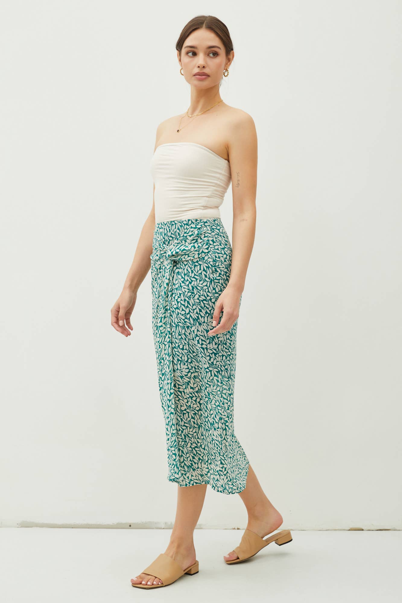 PRINT DRAPED SIDE KNOT MIDI SKIRT: Sea Green / 71106