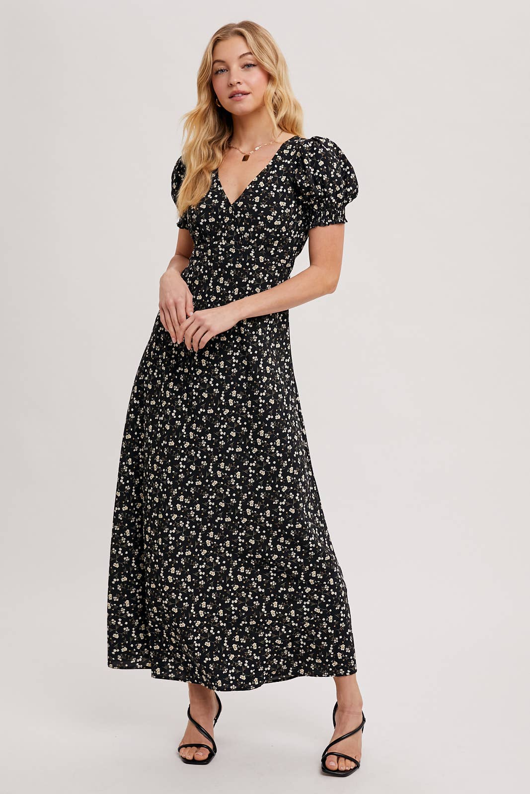 BOHO FLORAL PRINT V-NECK MAXI DRESS: Black / D02087