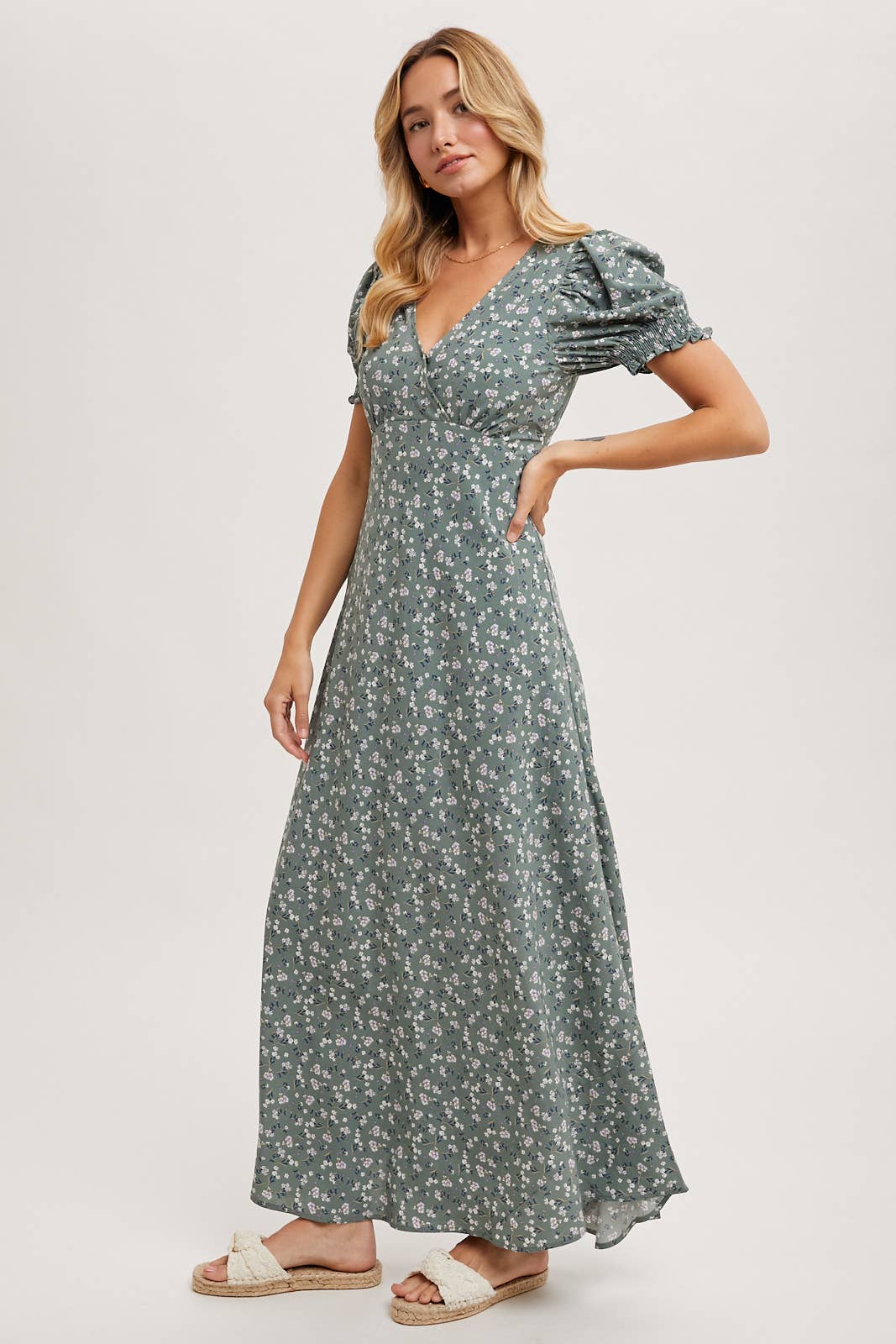 BOHO FLORAL PRINT V-NECK MAXI DRESS: Black / D02087