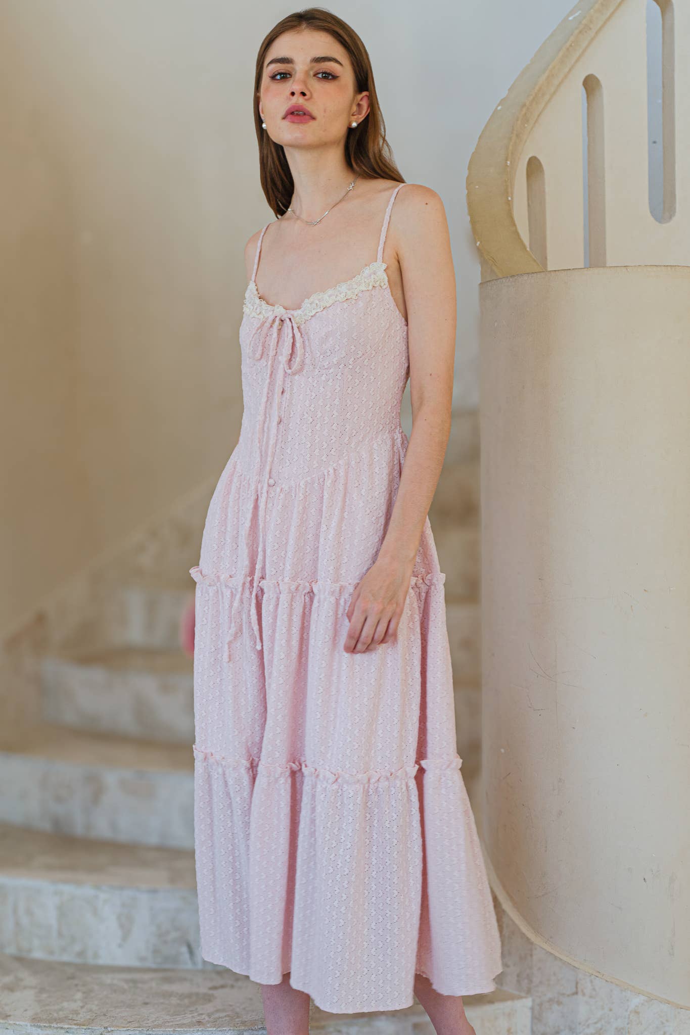 Soft Blush Heart Lace Maxi Dress: RP2586