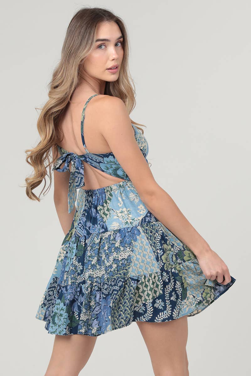 F4H12-A926 V NECK OPEN TIE BACK SUNDRESS: Blue