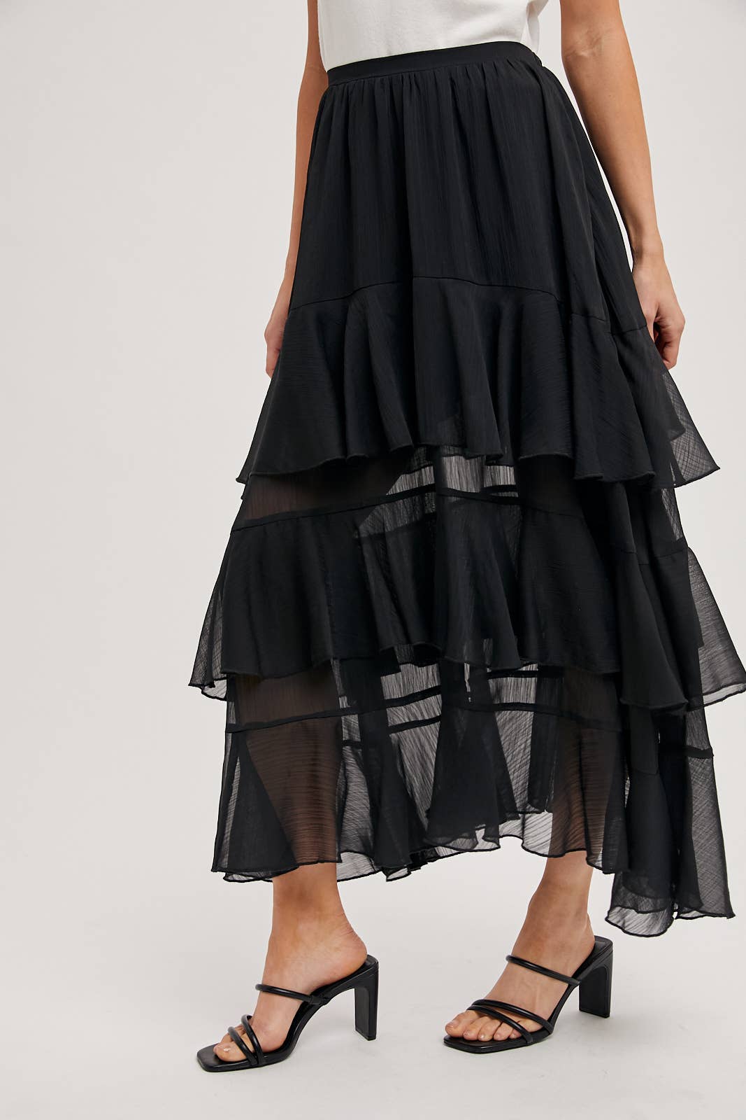 TIERED RUFFLE MAXI SKIRT WITH LINING: Black B02722