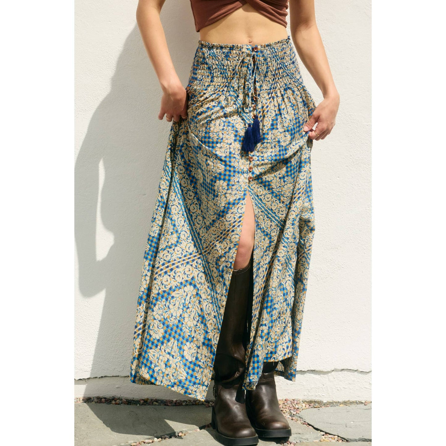 Stay Cute Smocked Hip Midi Skirt: PLAID DENIM / FS12202-P1971_1