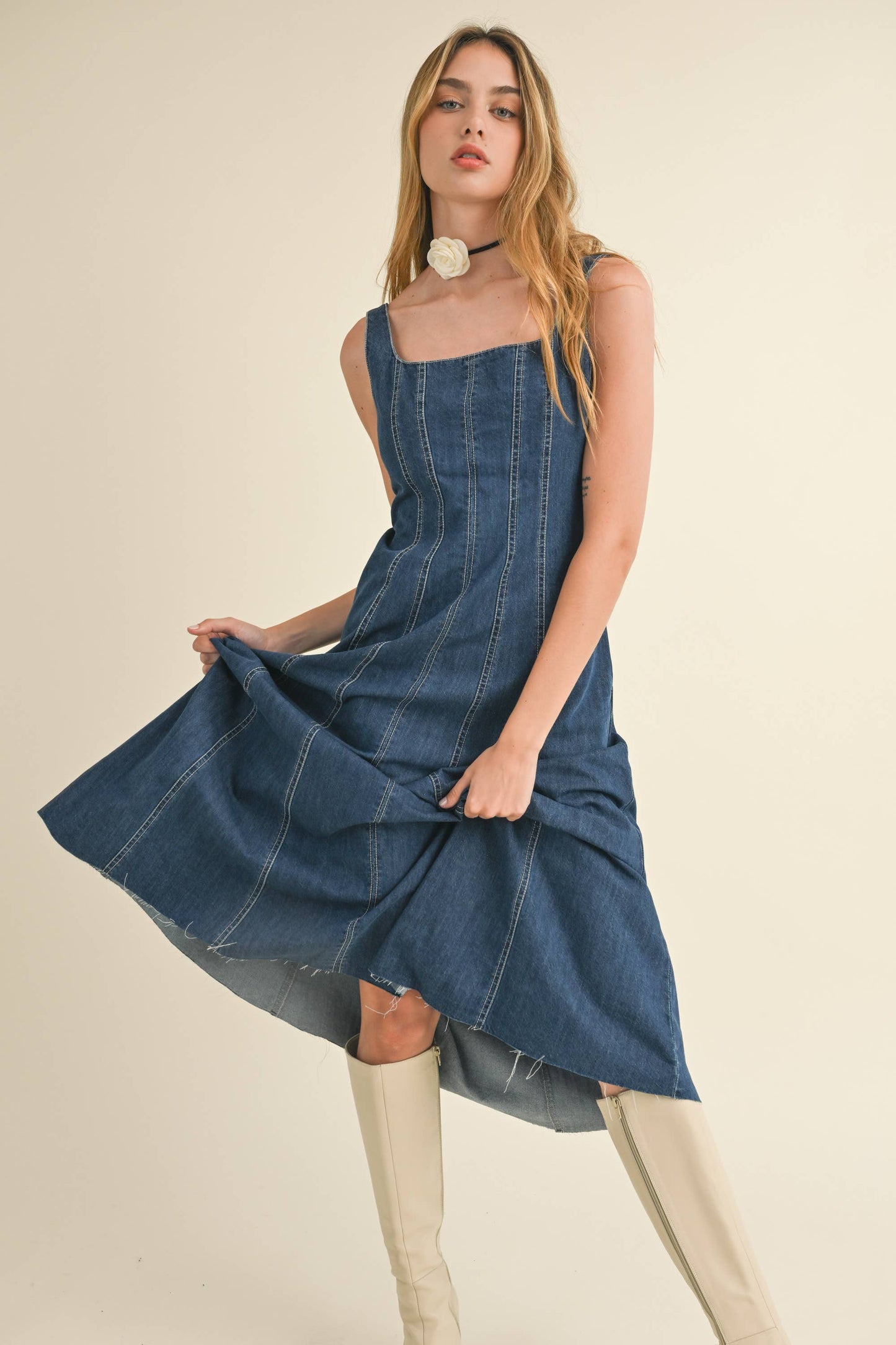 D3099 PANELED DENIM LONG DRESS: DENIM