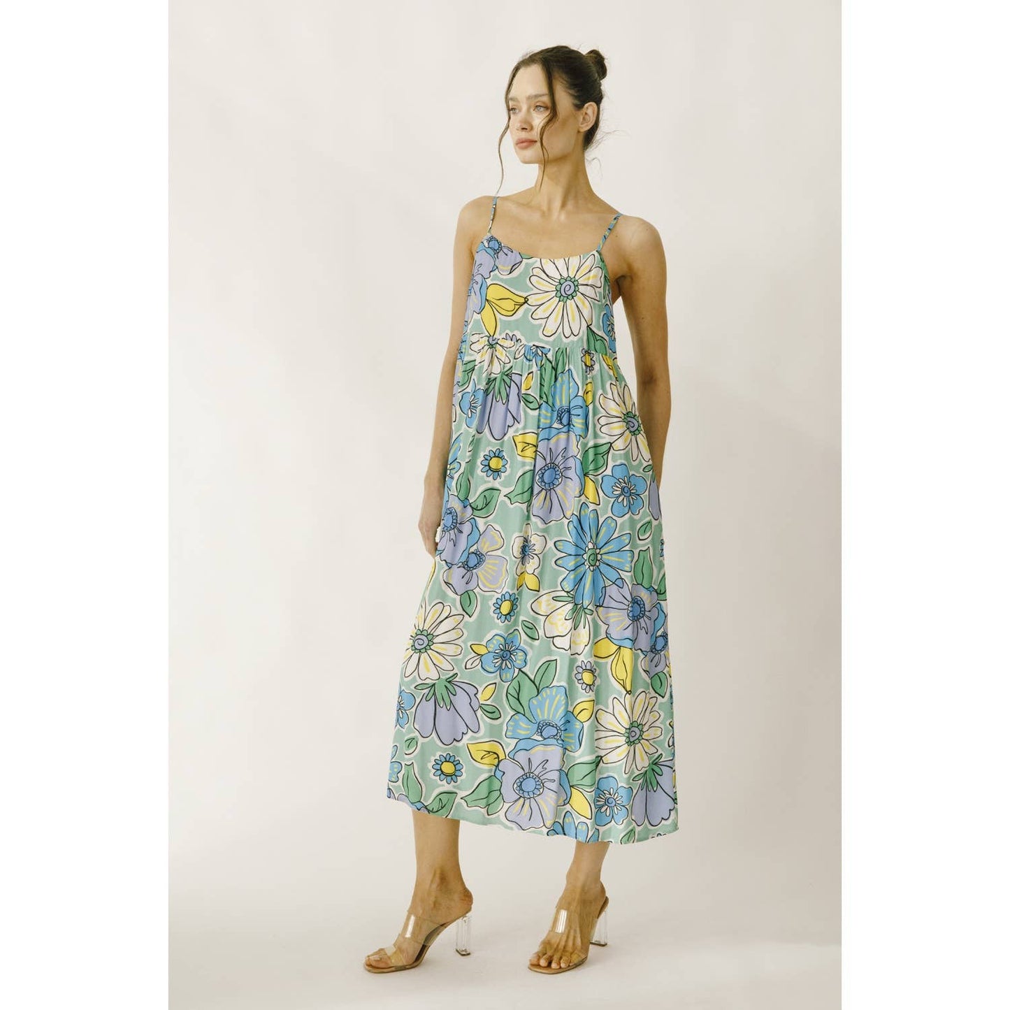 JD4711-1- LARGE BRIGHT FLORAL BABY DOLL MIDI DRESS: GREEN