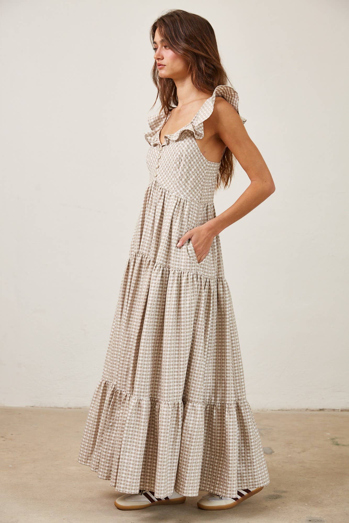 Heart Gingham Print Button Down Ruffle Maxi Dress: MOCHA / MD2567
