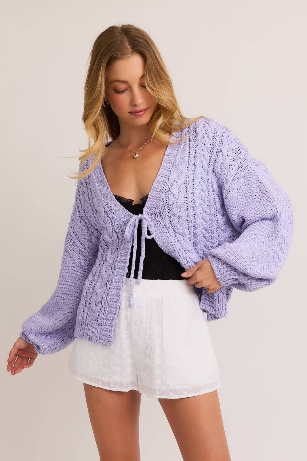 FRONT TIE CABLE CARDIGAN: LAVENDER /