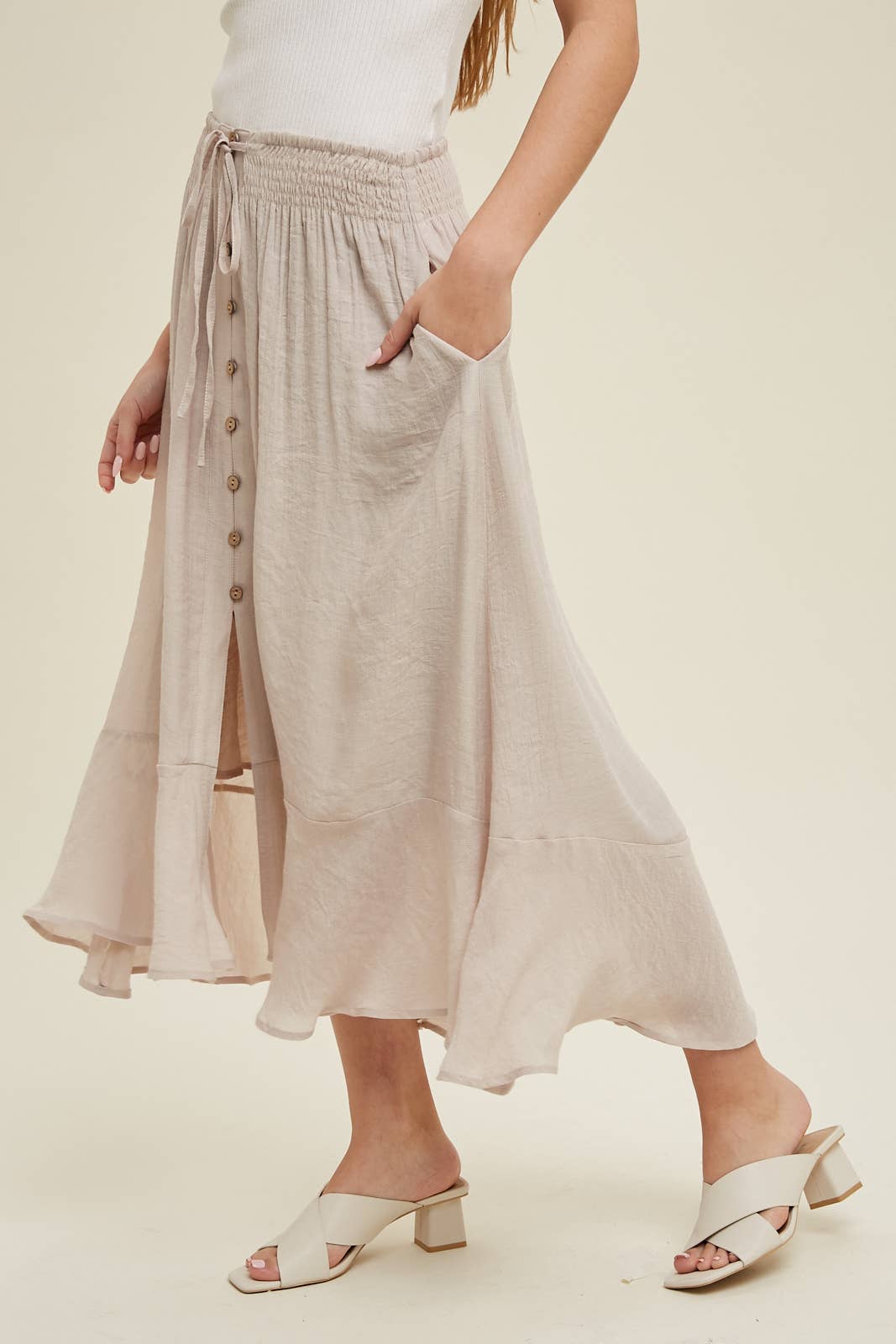 BUTTON-UP MIDI SKIRT WITH DRAWSTRING / WL23-7528: HAZELNUT
