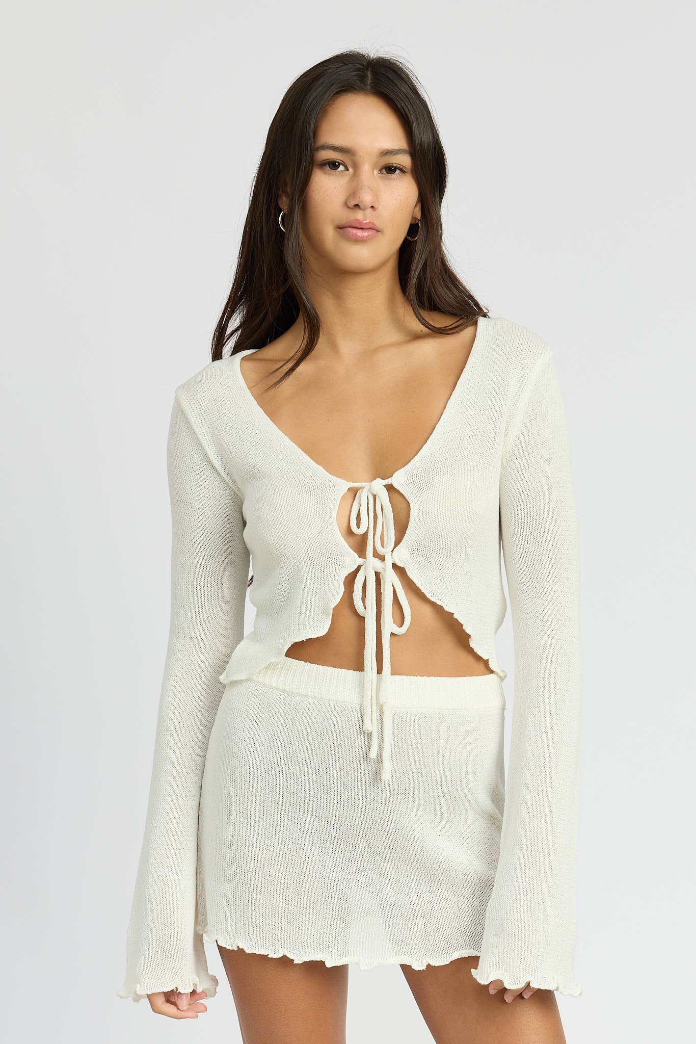 SHEER LONG SLEEVE CARDIGAN WITH FRONT TIE: SILVER IPJ1319T